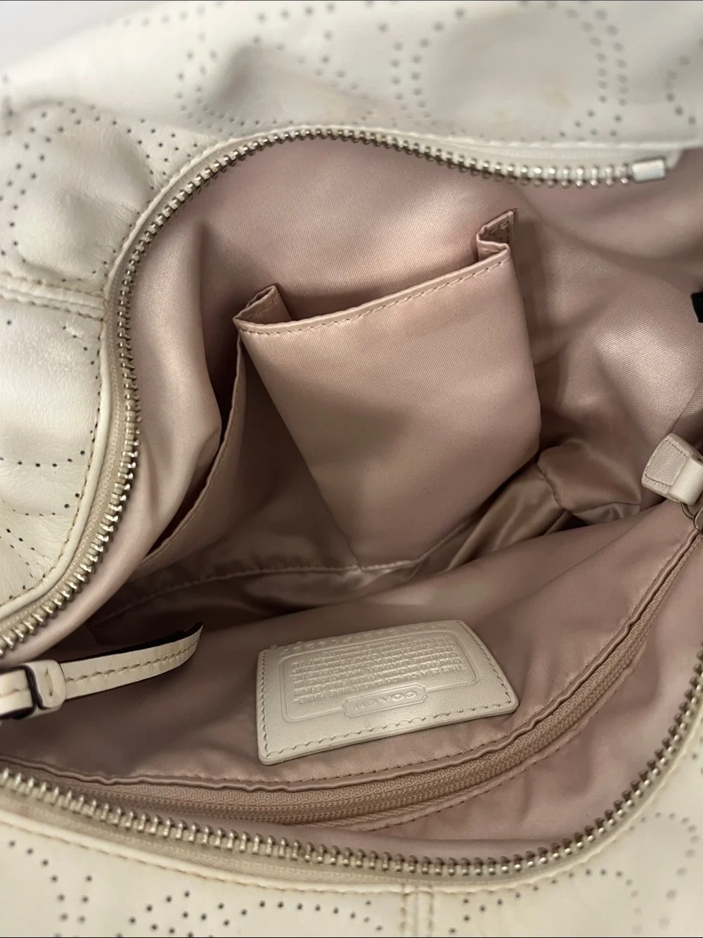Coach Off White Perforated Signature Leather Shoulder Bag Pink Lining